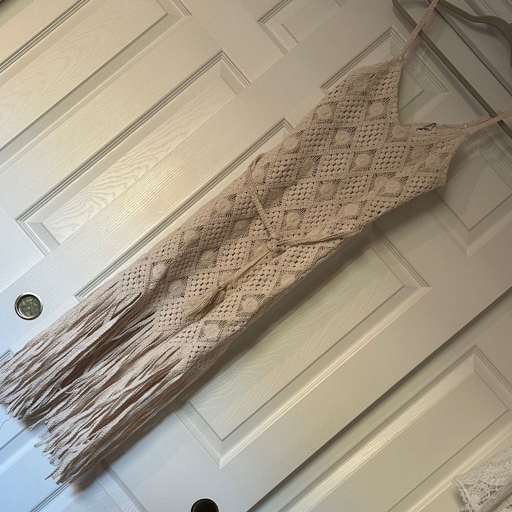 L'AGENCE Beige Crochet Maxi Dress with Fringe Haleigh Crochet Cover-Up Dress - Picture 3 of 4